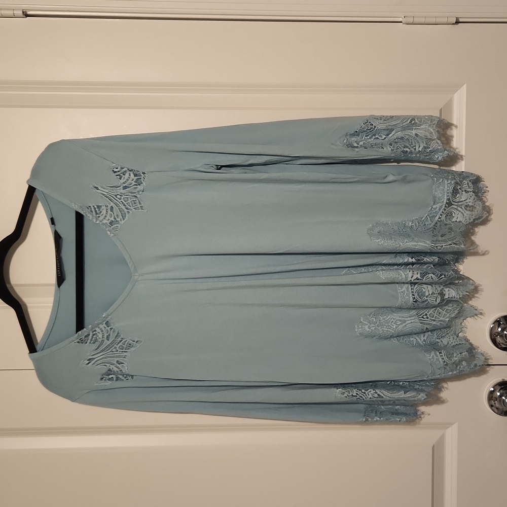 Colleen Lopez Long Bell Sleeve Lace Inset Porcelain Blue XL Blouse